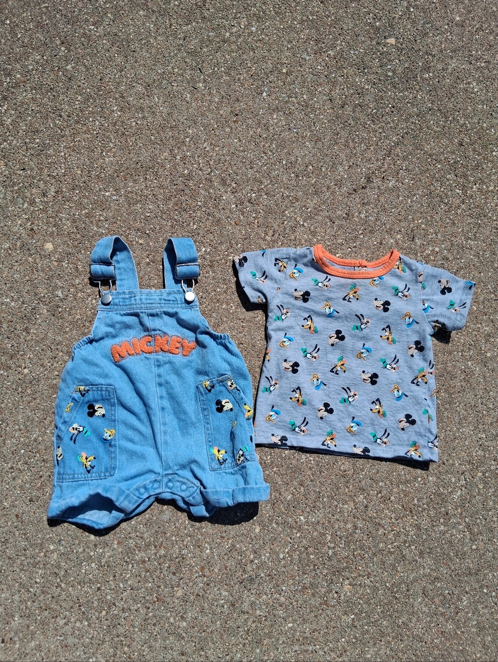 Disney Baby Mickey Goofy Outfit Set 6-9M Denim Shortalls Shirt 2Pc